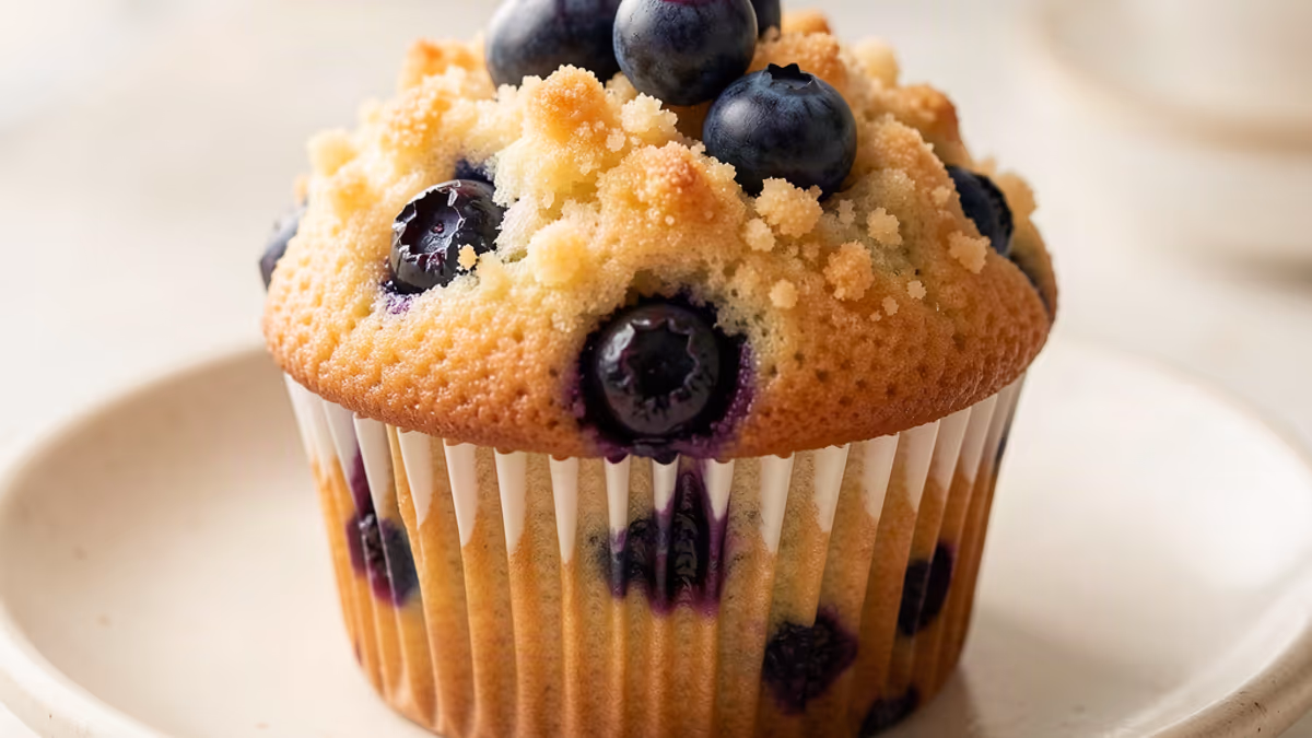 AI-genereret illustration af blåbærmuffins med crumble