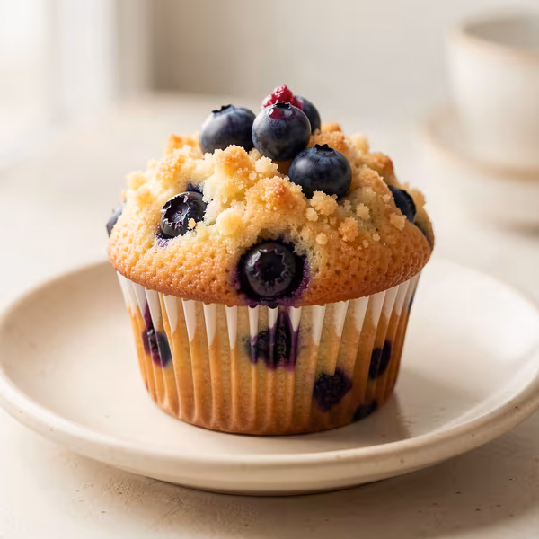 AI-genereret illustration: blåbærmuffins med crumble