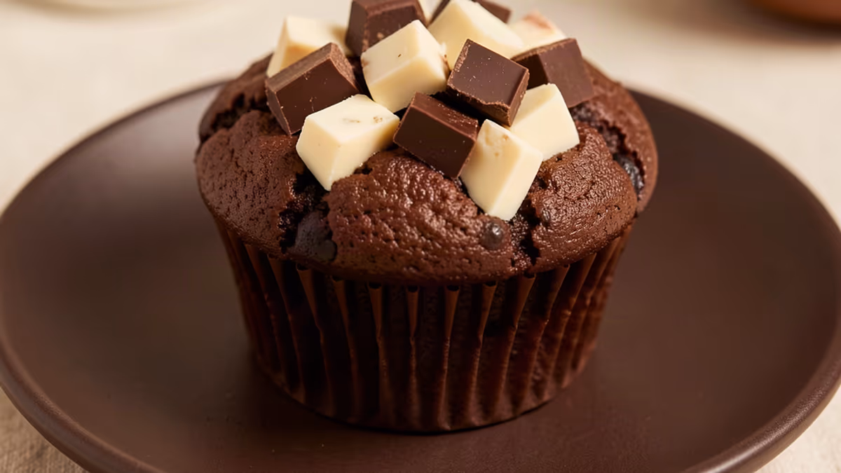 AI-genereret illustration af chokolade muffins med 3 slags chokolade