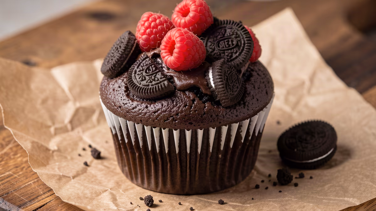 AI-genereret illustration af chokolade muffins med oreo og hindbær