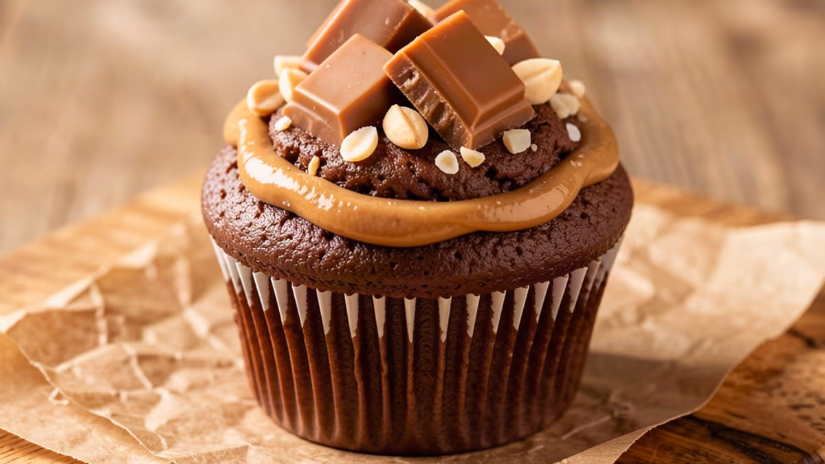 AI-genereret illustration af muffins med snicker-schokolade og peanutbutter